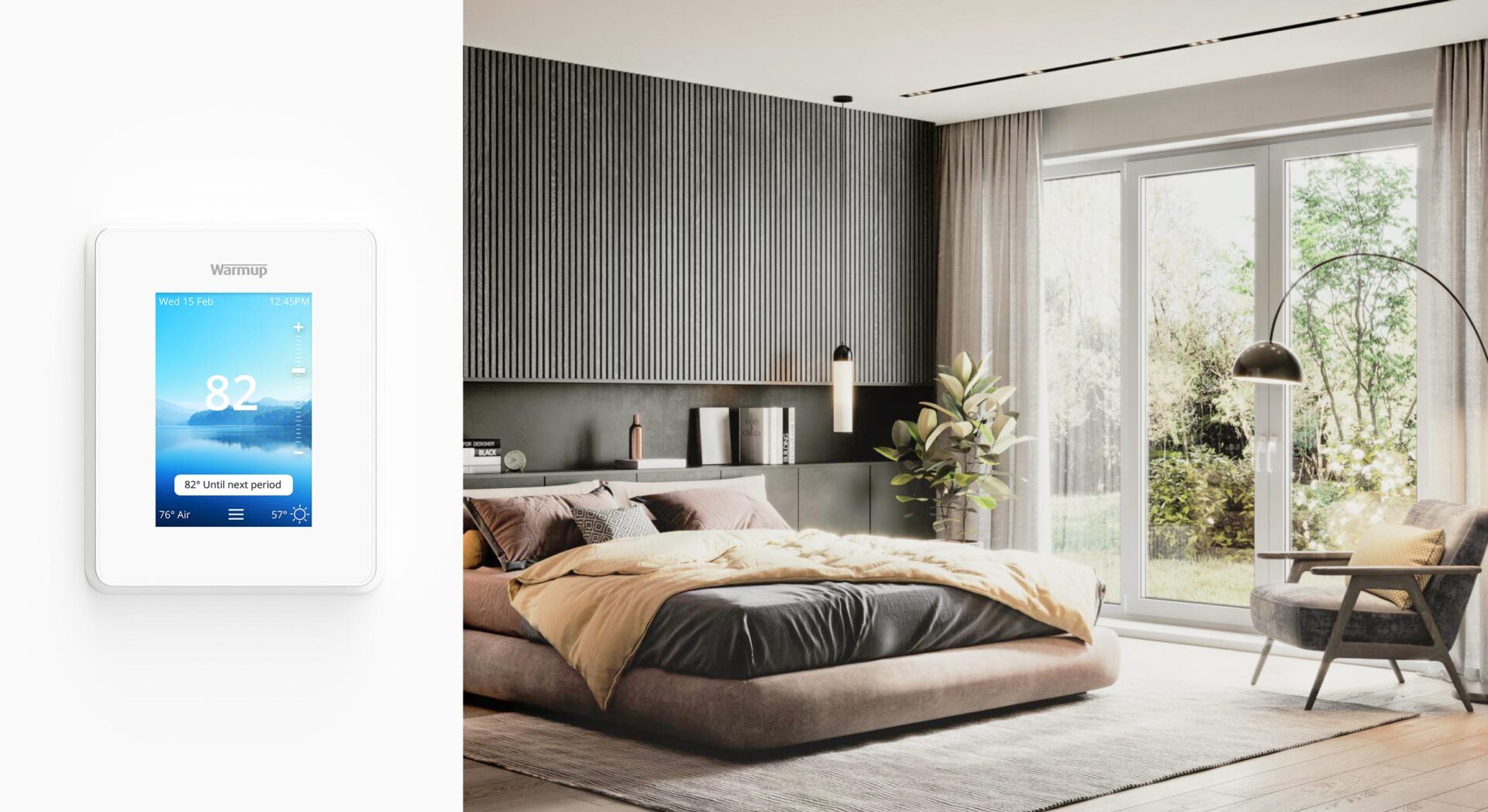 A bedroom with a 6iE thermostat in winter